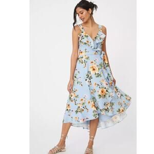 NWT Anthropologie Hutch Eden Wrap Dress $198 XXSP Blue Floral Midi High Low Hem